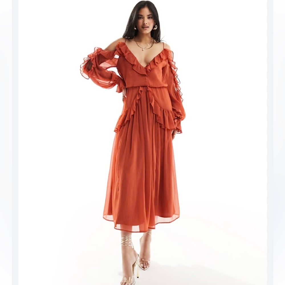 ASOS Design Ruffle off the shoulder midi dress